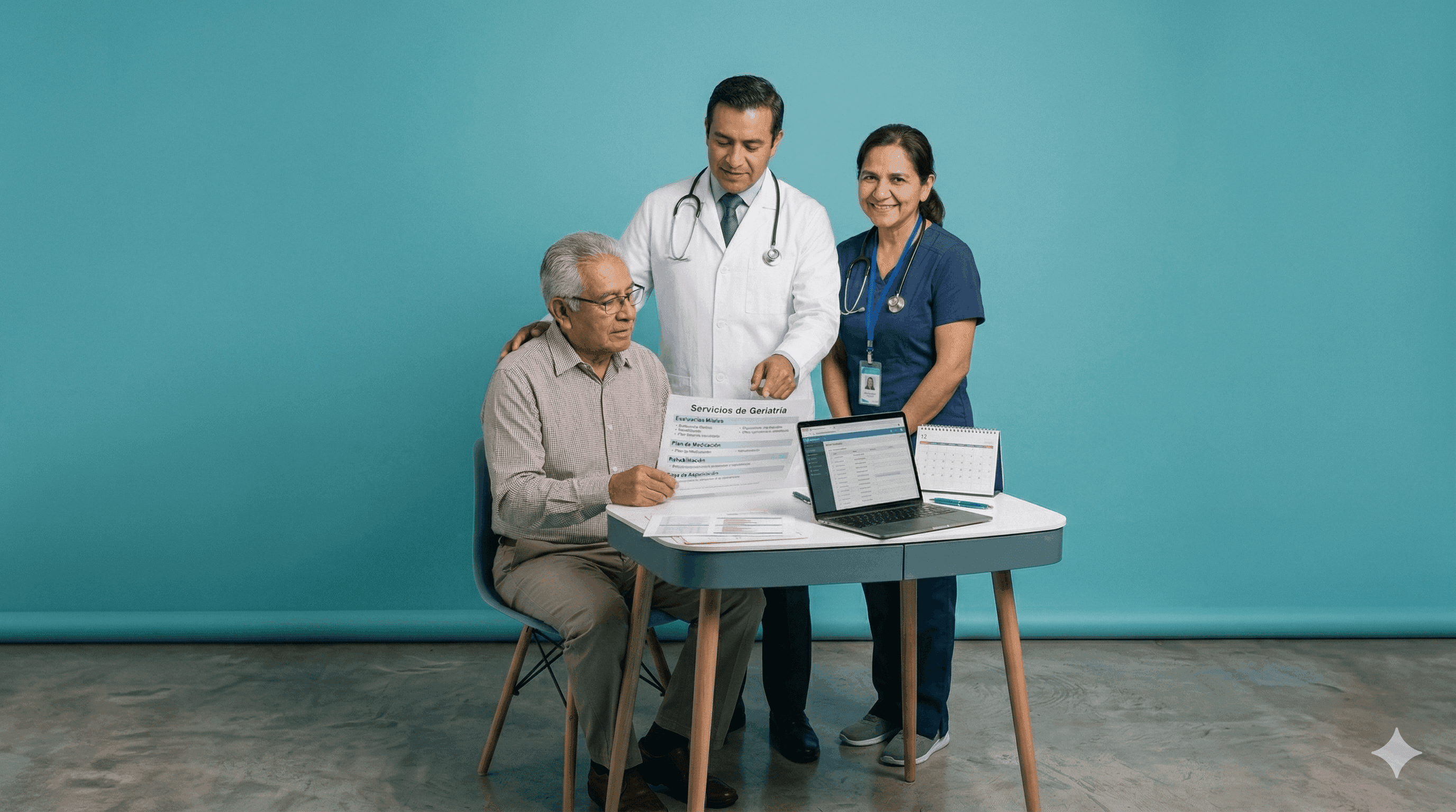 Médico geriatra revisando plan de servicios con paciente adulto mayor en Puebla