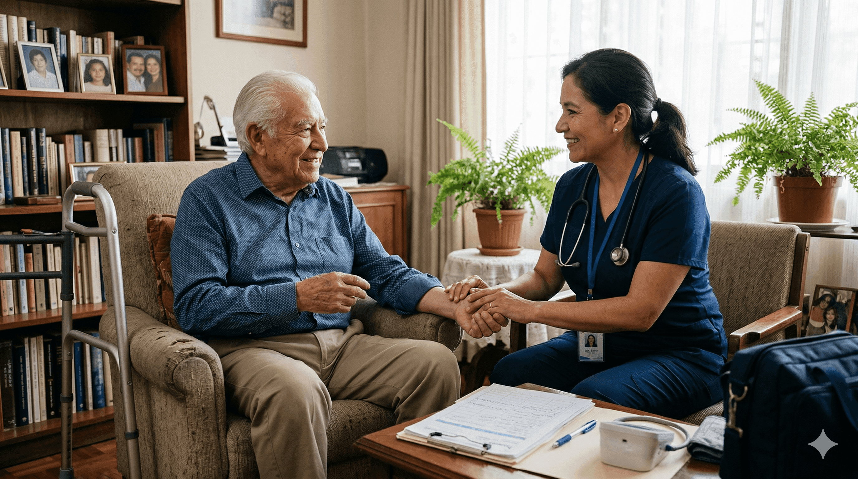 Médico visitando paciente adulto mayor en casa en Puebla